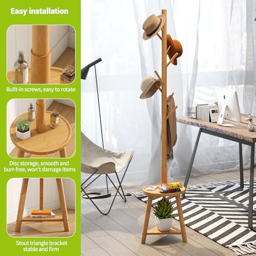 BMOSU Coat Rack freestanding Stand with 2 Shelves Bamboo Wooden Coat Tree Easy Assembly 8 Hooks Standing Jackets Hanger Hallway Office Floor Coat Stand Nature - color: NATURE