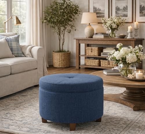 HomePop 24" Large Round Storage Ottoman - Blue Woven Fabric - color: Blue Woven Fabric
