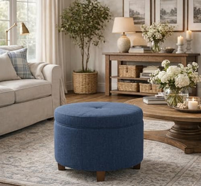 HomePop 24" Large Round Storage Ottoman - Blue Woven Fabric - color: Blue Woven Fabric