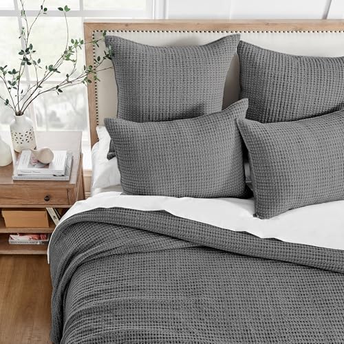 Levtex Home Mills Waffle Twin Bedspread Set (84x104in) with 1 Pillow Sham (26x20in) - Charcoal - 100% Cotton Twin Size Bedspread Set - Lightweight, Soft, Pre-Washed - color: Charcoal, size: Twin Bedspread