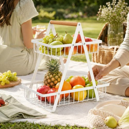 mahueeol 2-Tier Countertop Fruit Basket with Wooden Handle, Detachable | Detachable metal baskets with wooden handle for fruits, vegetables, bread and snacks in kitchens, pantries or dining rooms - color: White