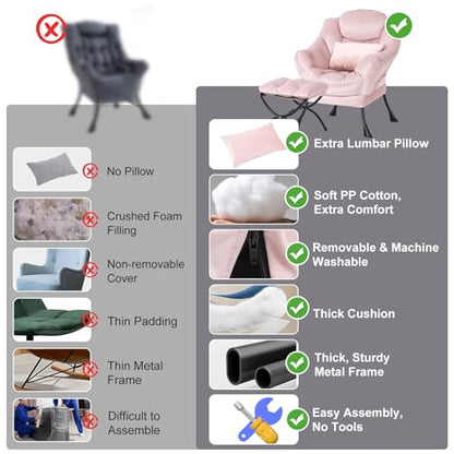 Lazy Chair with Ottoman, Velvet Reading Chair with Pillow，Pink | Comfy Accent Lounge Chair with Pillow & folding Foot Stool, sturdy metal frame for bedroom, dorm or apartment, Living Room - color: Pure Pink