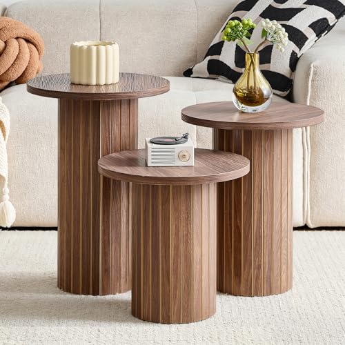 Round Nesting Coffee Table Set of 3 Mid Century Modern Wood Round Coffee Tables with Flexible Small Boho Circle End Table for Space Saving Living Room Comedor Home Office Bedroom(Brown) - color: 3pcs Brown