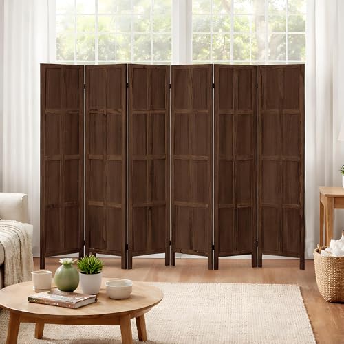 6 Panel Wood Room Divider and Folding Privacy Screen 67″, Brown | Solid Paulownia Wood Room Partition with 360° Hinges, Freestanding Wall Divider for Room Separation, Home, Bedroom, Office - color: 6 Panels Brown, size: 6 Panels