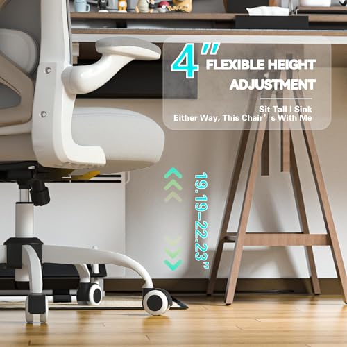 Ergonomic Home Office Chair, 4-Way Lumbar, Thick Cushion, 330LBS | Adjustable Lumbar (up/down/in/out), Rocking Mesh Back, Flip-up Arms, Easy Assembly, Ideal for home offices & small workspaces - color: Gray+champagne