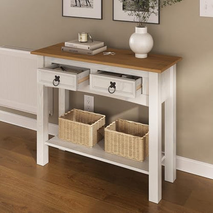 Solid Wood Hall Table with 2 Drawers 34.4" W, 12.6" D, 28.8" H - Console Table with Fixed Lower Shelf, Farmhouse Hallway Foyer, Office, Bedroom - color: White