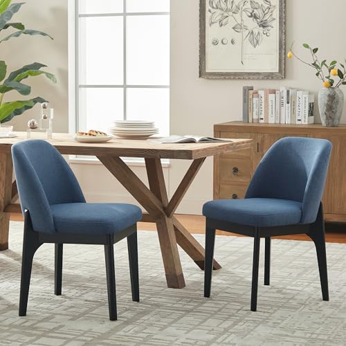 VKNOW Upholstered Wood Dining Chairs Set of 2 with Modern Fabric, Blue | Modern Dining Room Chairs with Wood Legs and Padded Seats, Kitchen Chairs for Restaurant, Living Room, No Wobble - color: Blue-black Leg, size: 2 PCS