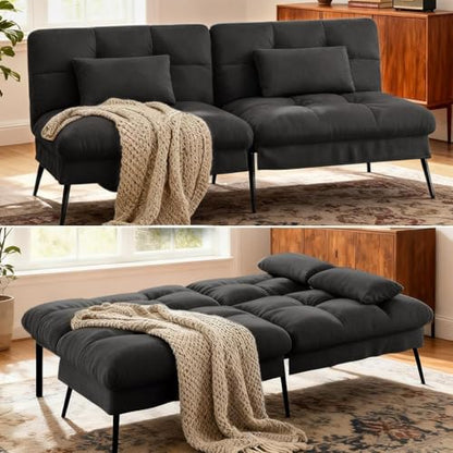 COMHOMA 72″ Convertible Futon Sofa Bed, Adjustable Backrest, Black | Breathable Fabric Futon Couch with Pillows,Multi-angle Ergonomic Reclining,Space-saving Sleeper Sofa for Living Room - color: Black