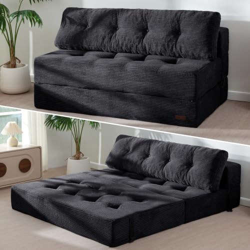 MAXYOYO Folding Sofa Bed, Convertible Chair Bed with Pillow | Portable 4 in 1 Fold Out Chair to Floor Bed, Versatile Floor Sofa Couch for Living Room Bedroom, Black, Double - color: Black, size: Loveseat