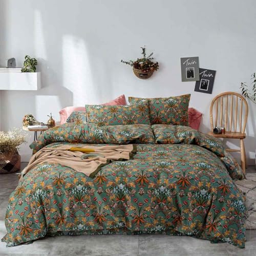 Faincy Bohemian Duvet Cover King Size - Boho Paisley Green Floral Pattern Printed Microfiber Comforter Cover Set - 3PC 90 X 104 Soft and Lightweight Quilt Cover, Retro Farmhouse Style for Women Men - color: Bark Green Bohemian, size: King