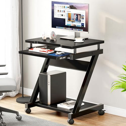 sogesfurniture Mobile Computer Desk with Pull-Out Keyboard Tray & Wheels | Modern Compact Rolling Workstation for Home Office, Small Portable Space Saving Laptop Table, 23.6"L x 18.9"W x 28.7"H, Black - color: Black
