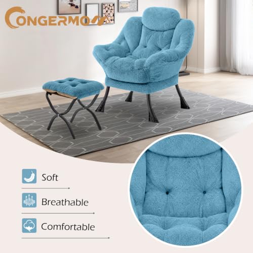 Lazy Chair with Folding Ottoman,Leisure Sofa Chair,Soft Fabric Armchair with Armrests and Side Pockets, Reading Chair with Footrest for Living Room, Bedroom, Office (Plush Blue) - color: Plush Blue