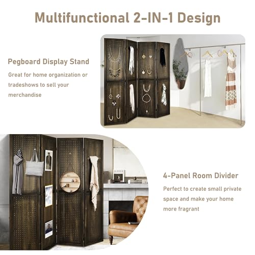 4 Panel Pegboard Room Divider | Folding Freestanding Display Screen, Privacy Partition for Retail, Craft Shows, Home Office, and Exhibition Use Dark Brown - color: Dark Brown-4 Panel, size: 4 Panel