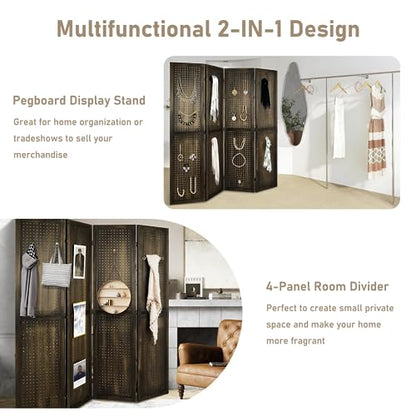4 Panel Pegboard Room Divider | Folding Freestanding Display Screen, Privacy Partition for Retail, Craft Shows, Home Office, and Exhibition Use Dark Brown - color: Dark Brown-4 Panel, size: 4 Panel
