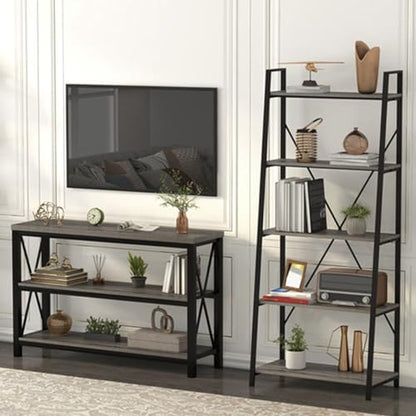 5-Tier Ladder Shelf, Industrial Leaning Bookcase, Wood and Metal Ladder Bookshelf for Living Room, Bedroom, Kitchen, Home Office (Grey Oak) - color: Grey Oak, size: 5-Tier