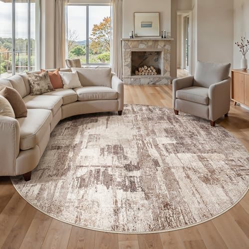 kakania Abstract 10x10 Round Rugs for Living Room: Circle Rugs 10FT Brown | Washable, Soft, Non-Slip, Low-Pile, Pet & Kid Friendly - Large Modern Home Decor Carpet for Bedroom/Dining Room/Nursery - color: Brown, size: 10' (Round)