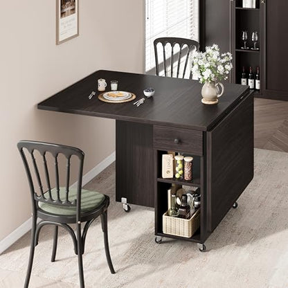 Jocoevol Space Saving Folding Dining Table for 4, Foldable Dining Table with Drawer and Storage Shelf, 6 Wheels Drop Leaf Kitchen Dining Room Table for Small Space (Walnut, 47.2" x 23.6" x 29.9") - color: Black Walnut