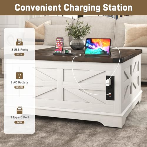 Hlivelood 36" Farmhouse Movable Lift Top Coffee Table with Storage and Power Outlets, Square Wood Living Room Tables with Wheels&Large Hidden Space, Lift Wooden Barn Door Center Table, White - color: White