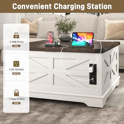 Hlivelood 36" Farmhouse Movable Lift Top Coffee Table with Storage and Power Outlets, Square Wood Living Room Tables with Wheels&Large Hidden Space, Lift Wooden Barn Door Center Table, White - color: White