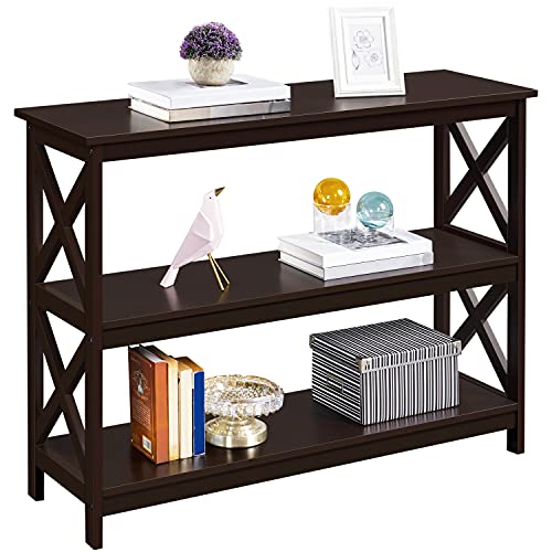 Yaheetech Espresso Console Table 3-Tier Narrow X-Frame Open Storage Shelf | Sofa Table for Entryway, Hallway and Living Room, Slim 14" Depth, Powder-Coated MDF, 88 lb Top Load, Easy Assembly - color: Espresso