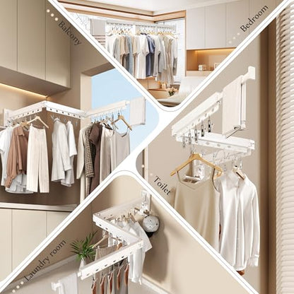 Wall Mounted Collapsible Clothes Drying Rack, Durable Space-Saving Laundry Drying Rack Clothing Hanger, Upgraded with Clips and Windproof Holes - style: Upgrde-White Rings with Clips