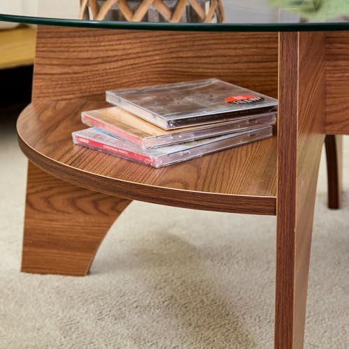 31.5" Round Glass Coffee Table with Tempered Glass Top and MDF Base, Diagonal Fan-Shaped Tray Design Table Leg Simple & Modern Center Table for Living Room Office Apartment Walnut - color: D-5, size: Round