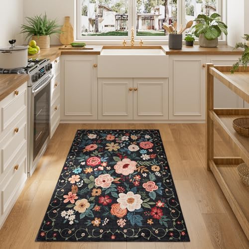 DUKINO 3x4 Area Rug, Floral Washable Rug for Kitchen Non Slip, Black | Low Pile, Soft, Stain Resistant Indoor Rug for Entryway, Bedroom, Bathroom, Laundry, Pet Friendly, Home Decor, Lightweight - color: Black, size: 3' x 4' (Rectangular)