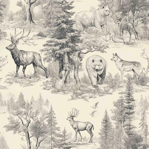 Vintage Forest Woodland Animal Sketch Peel and Stick Wallpaper | Gray and Cream Rustic Forest Pattern Wallpaper for Home Decor | 17.7" x 118", Self-Adhesive, Waterproof Vinyl - color: ML-M097, size: 17.7" x 236"