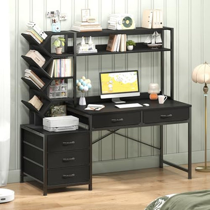 52" Computer Desk with Bookshelf, 5 Drawers ＆ Hutch for Bedroom | Black Office Desk with Printer Shelf, Study Writing Desk with Storage Shelves - color: Black