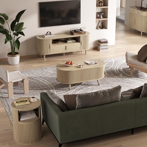 SULIVES Oval Coffee Table with Storage,Multifunctional Lift Top Drum Coffee Table, Small Fluted Center Table for Living Room, Oak - color: Oak_oval