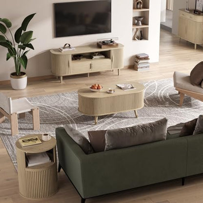 SULIVES Oval Coffee Table with Storage,Multifunctional Lift Top Drum Coffee Table, Small Fluted Center Table for Living Room, Oak - color: Oak_oval