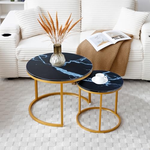 39.3'' Round Nesting Coffee Table Set of 2 for Living Room, Modern Wood Nesting Side End Table with Metal Base, Easy Assembly, Black & Gold - color: S5-39.3in-black & Gold