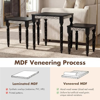 Hyfirm Black Nesting Tables Set of 3 - Mid Century Modern Accent End Tables with Durable Veneered Top, Spiral Wood Legs & Hexagonal Silver Apron, Ideal for Living Room, Bedroom & Small Apartments - color: Black Top+silver Apron