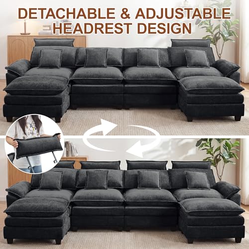 134'' U Shaped Sectional Couch, Cloud Deep Seat Sofa Couch with 2 Ottoman, Detachable Headrest, Oversized Modular 5 Seater Sofas for Living Room, Dark Grey - color: Dark Grey, size: U Shaped Couch