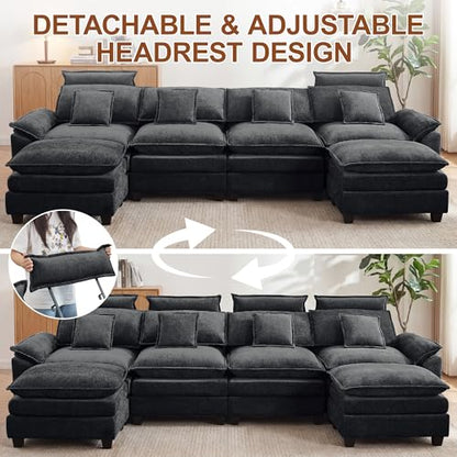 134'' U Shaped Sectional Couch, Cloud Deep Seat Sofa Couch with 2 Ottoman, Detachable Headrest, Oversized Modular 5 Seater Sofas for Living Room, Dark Grey - color: Dark Grey, size: U Shaped Couch