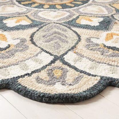 SAFAVIEH Novelty Collection Area Rug - 4' Round, Beige & Navy, Handmade Wool, Flower Design, Ideal for High Traffic Areas in Living Room, Bedroom, Dining (NOV604B-4R) - color: Beige/Navy, size: 4' (Round)