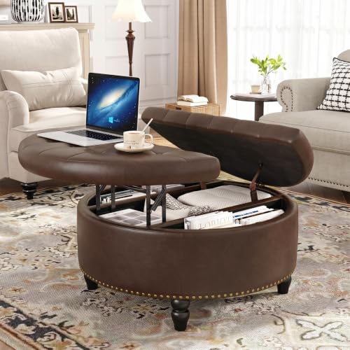 FiveWillowise 30 Inch Large Round Ottoman with Storage Circular,Chocolate | Leather Coffee Table with Lift Top,Modern Upholstered Button Tufted Footrest Stool Solid Wood Legs for Living Room,Bedroom - color: Chocolate