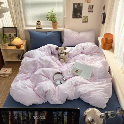 mixinni Pink White Striped Duvet Cover Twin Size, 3-Piece Washed Microfiber Vintage Striped Bedding Set, Soft Aesthetic Stripe Pattern Duvet Cover with Zipper Closure & Corner Ties for Women Girls - color: 04 - Pink/White Striped, size: Twin(68" x 86")