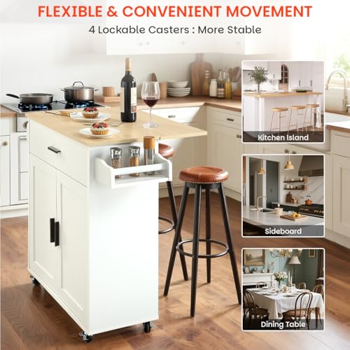 Kitchen Island with Storage, Rolling Kitchen Island on Wheels with Scalable,Open Spice Rack Shelf, Door Cabinet，Kitchen Cart Island Table for Kitchen, White