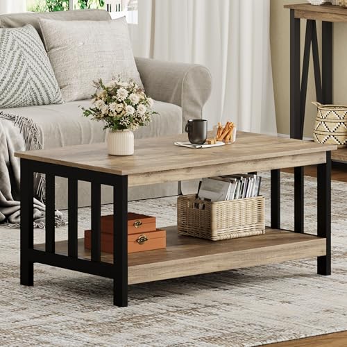 ChooChoo Farmhouse Coffee Table, Living Room Table with Shelf, 40 Rustic Oak & Black - color: Rustic Oak & Black, size: 22"D x 39.9"W x 18.1"H