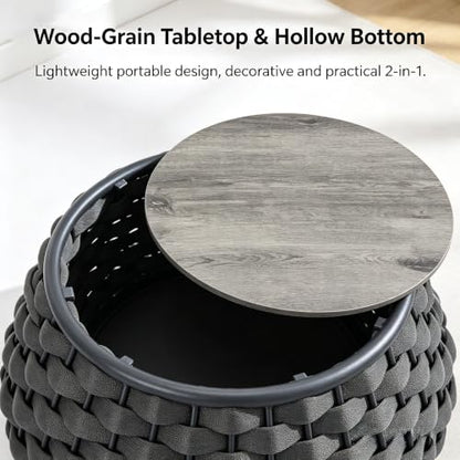 YDcosyfy Large Round Outdoor Side Table, 28 Inches Patio End Table with Removable Wood Top, Outside Coffee Table, All-Weather Metal Frame, Hollow Out Bottom Storage, for Balcony, Porch, Garden, Gray