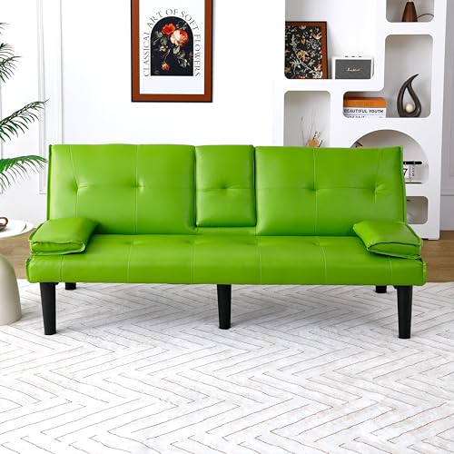 67" Futon Sofa Bed, Convertible Leather Futon Couch (Green) | Sleeper Bed Couches with Adjustable Backrest, Cup Holders, Comfy Folding Loveseat Couch for Small Spaces Living Room Office - color: Green