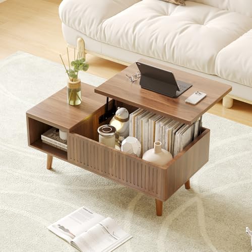 Coffee Table with Lifting Top,Wooden Fluted Coffee Table with Hidden Storage Space,2 Open Storage Compartments,Solid Wood Legs,Suitable for Living Room,Apartment,Office. (C-Lift Coffee Table-Walnut) - color: C-lift Coffee Table-walnut