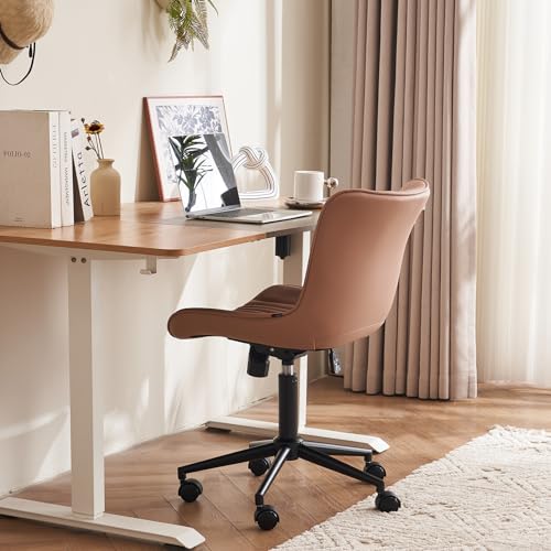 YOUTASTE Pink Modern Office Chair, Faux Leather Armless Desk Chair with Wheels, Height Adjustable, Swivel, Rocking, 300 lbs Capacity, Metal Base, for Home Office Vanity - color: Nude Pink