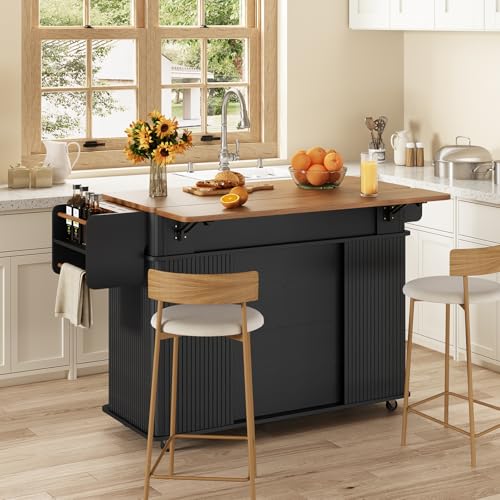 56" Kitchen Island on Wheels with Drop Leaf Countertop, Large Mobile Island Table with 2 Drawers and Spice Rack and Tower Rack, Mid-Century Modern Island Cart with Storage for Kitchen, Black - color: Black