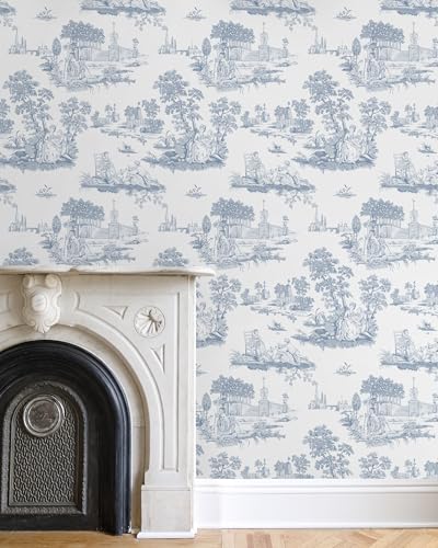 Hopepak 17.3''x197'' Toile Peel and Stick Wallpaper for Bedroom Bathroom White and Blue Wall Paper Self Adhesive Removable French Contact Paper Decoral Cabinets - color: Blue/White, size: 17.3" x 197"