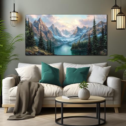 MXUNYZ Green Pine Tree River Mountains Canvas Wall Art for Living Room | 48x24 Inch Bedroom Wall Decor, Modern Print Nature Landscape Painting, Picture for Living Room,Home Office Decoration - color: Blue Green, size: 48"L x 24"W