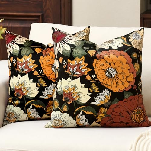 Tyrot Black Boho Floral Fall Velvet Throw Pillow Covers 16x16 Inch Set of 2 Farmhouse Cushion Covers Mid Century Modern Botanical Home Decor Pillow Cases for Couch Bed Sofa Living Room, Bedroom - color: Warm Ember, size: 16" x 16" (Pack of 2)