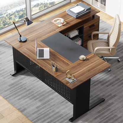 Tribesigns 63 Inch Executive Desk with Filing Cabinet, L Shaped Office Desk | Large Office Desk with File Drawer, L Shaped Desk with Storage, Computer Desk for Home Office, Easy Assembly, Brown and Black - color: Brown and Black