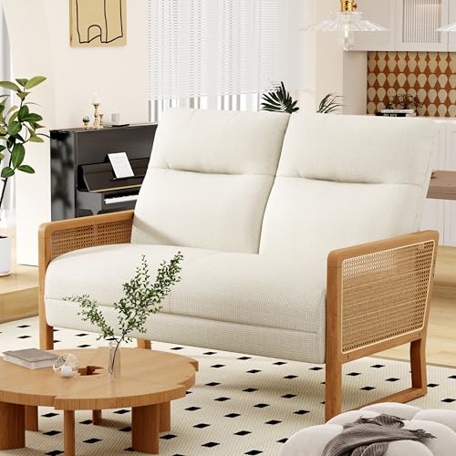 Alunaune Modern Loveseat Bench Couch with Natural Rattan Arm, Upholstered Linen Small Love Seat Sofa 2-Seats Living Room Couch Settee, Comfy Lounge Recliner Chair-Ivory - color: Ivory